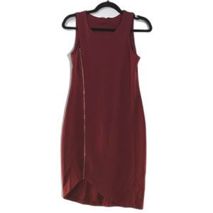 Burgundy Wine Sleeveless Vertical Zipper Detail Dress Knee Length Dress Large